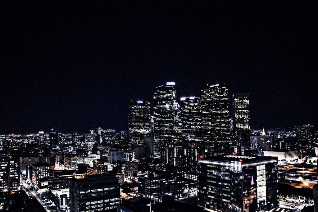 A photo of the skyline of Los Angeles at night